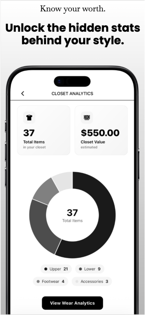StylVerse - AI Outfit Planner - Una interfaz de aplicación móvil que muestra análisis del guardarropa, incluyendo el total de artículos, el valor estimado del armario y un desglose de las categorías de ropa