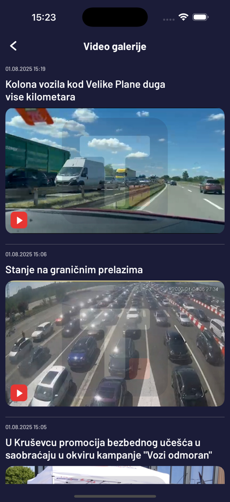 Tanjug - brze i pouzdane vesti - Galería de vídeos en la aplicación de Tanjug mostrando reportajes de noticias sobre el tráfico en las carreteras serbias y los cruces fronterizos.