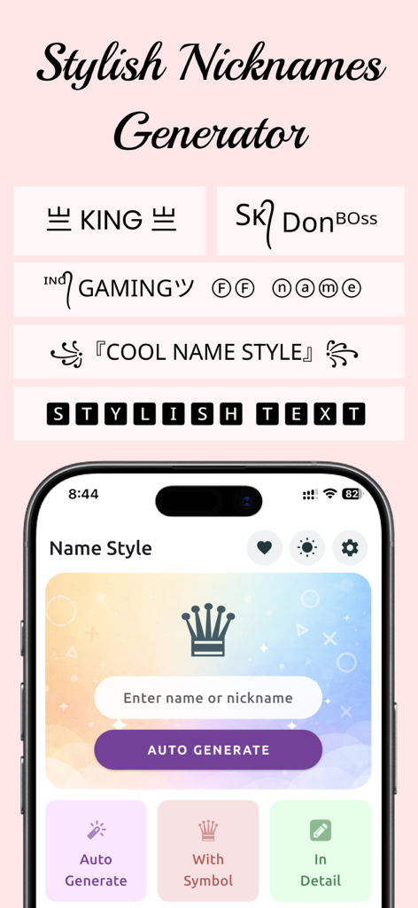 Nickname generator, Name style - A mobile app screen showing a stylish nickname generator with various font and symbol options for gamers