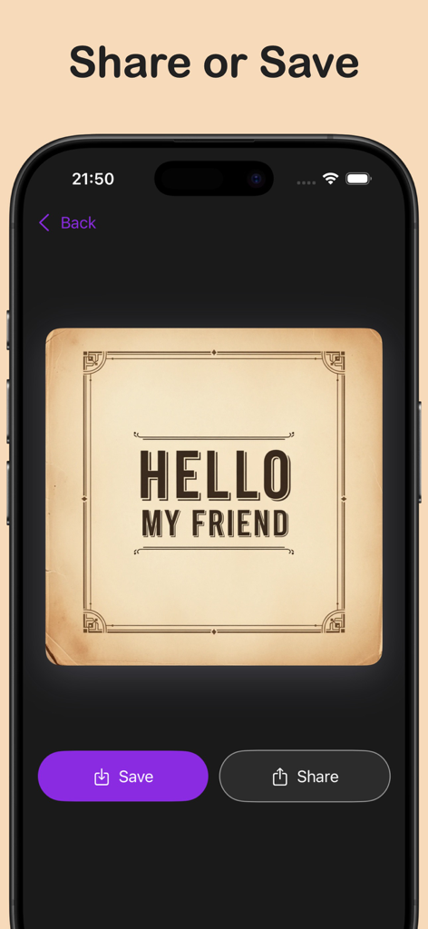 편집된 이미지와 텍스트를 저장하거나 공유하는 옵션을 보여주는 모바일 인터페이스