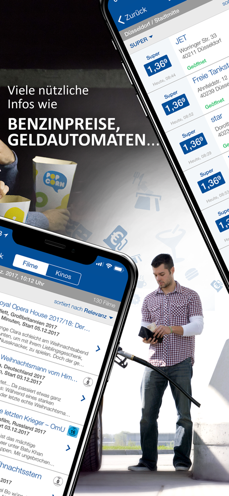 Das Örtliche Telefonbuch - Interfaz de la aplicación móvil Das Örtliche mostrando precios de gasolina y programa de cine.