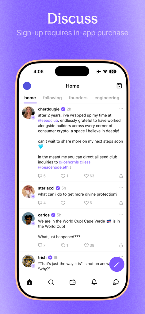 Capture d'écran de l'application mobile Farcaster montrant le fil d'actualité social avec les publications des utilisateurs et les sujets de discussion.