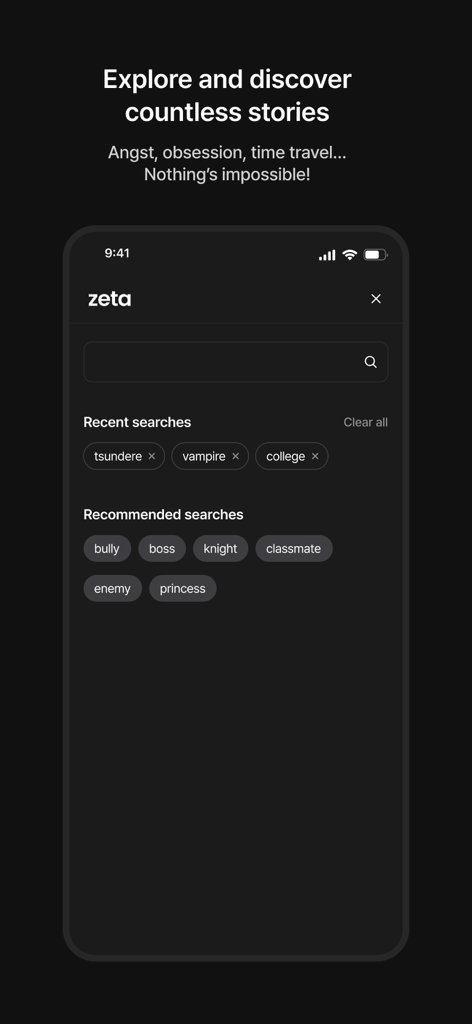 zeta — AI Chat, Live Stories - Search interface of Zeta AI Chat app showing recent and recommended story tags like tsundere and vampire