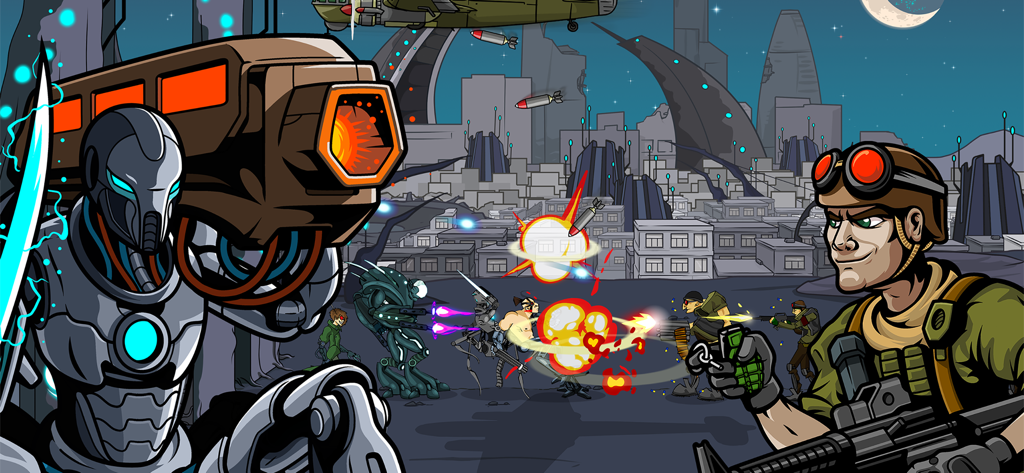 Age Of War 2 - Un cíborg gigante y un soldado humano enfrentándose en una batalla futurista en la ciudad