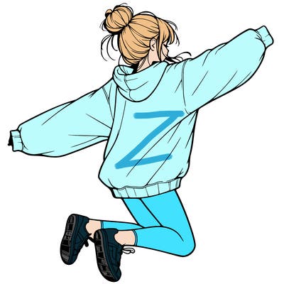realistic girl jumping with a bun and oversized sweatshirt