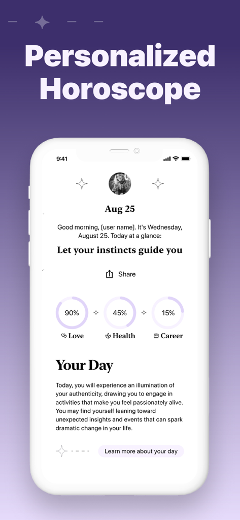 Serene: Talk to Astrologer - A mobile app interface showing a personalized daily horoscope with percentage scores for love health and career