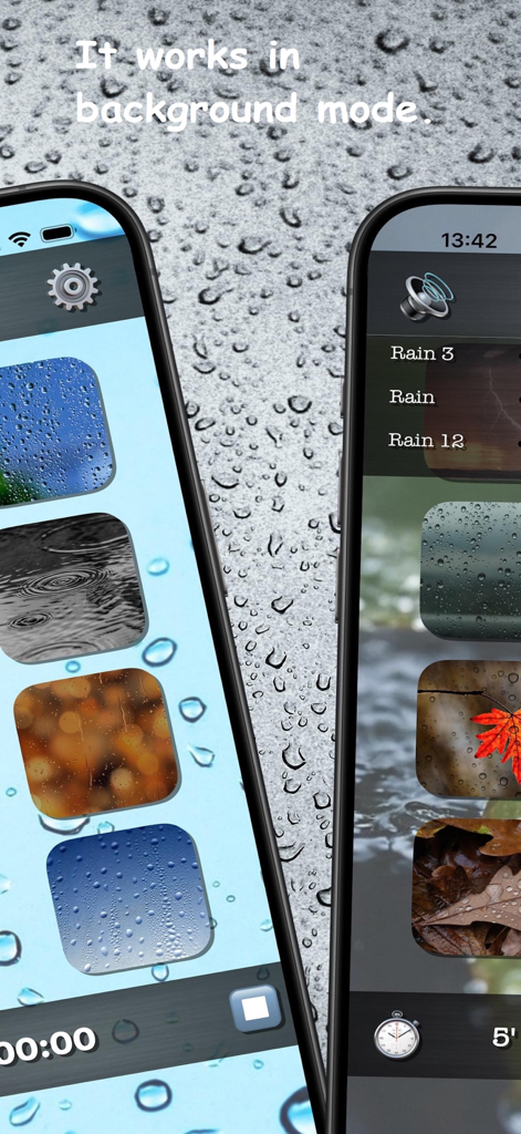 Rain Sounds | instantly sleep - Interfaz de la aplicación Sonidos de Lluvia mostrando el modo de segundo plano y las funciones de selección de sonido