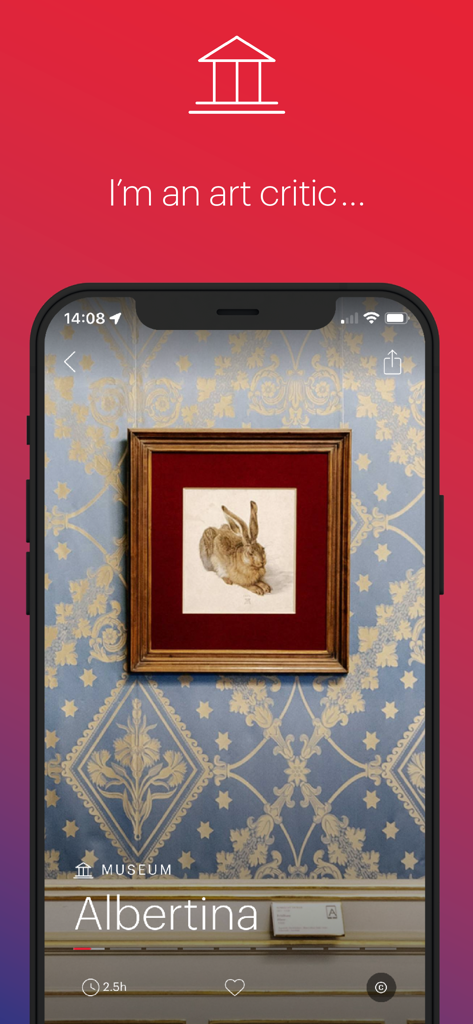 ivie – Official Vienna Guide - Ivie app interface showing information about the Albertina Museum in Vienna with a famous hare painting on screen.