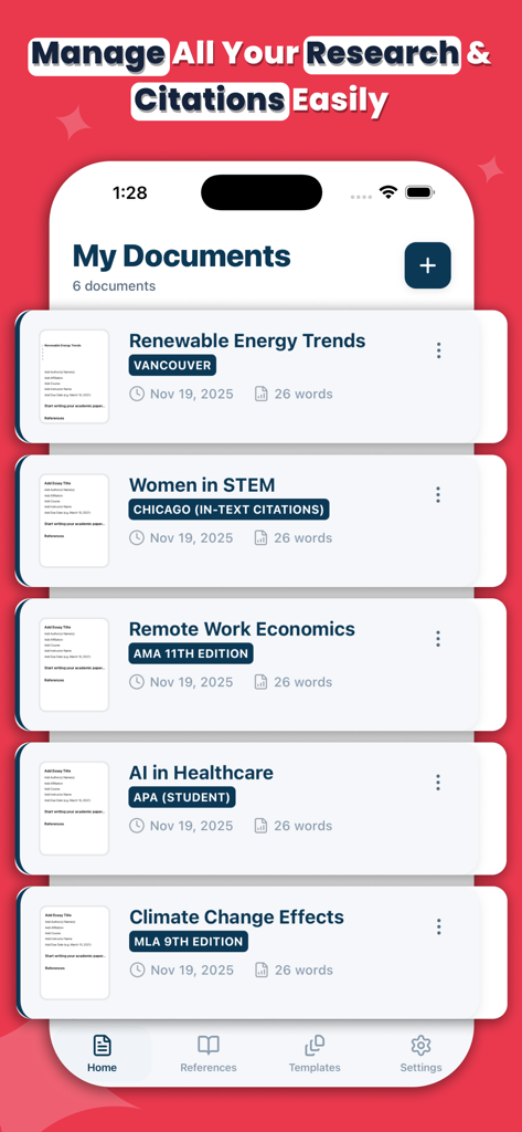 Academic Writing: Research AI - Interface do aplicativo ResearchMate exibindo uma lista de trabalhos acadêmicos salvos com diferentes estilos de citação, como APA e MLA