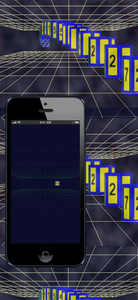 Kinetic Visual Acuity - iPhone mostrando la aplicación Agudeza Visual Cinética con tarjetas numeradas giratorias en un entorno de cuadrícula 3D