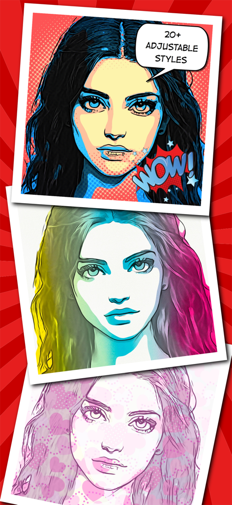 Toonita: Cartoon & Comic Maker - Examples of comic and pop art portrait filters from the Toonita app showing three different artistic styles applied to the same woman's face.