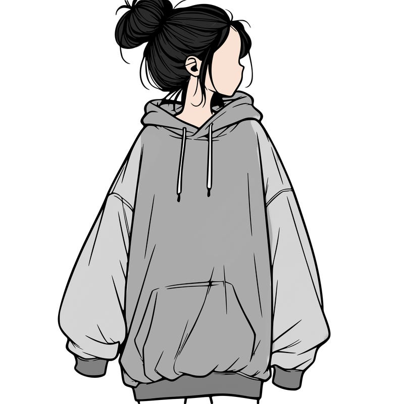 realistic girl with a oversized sweatshirt on and a bun