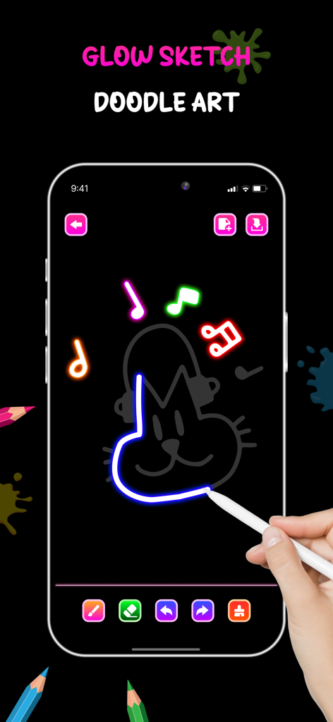 Hand using a stylus to create a neon glowing doodle of a cat on a smartphone screen