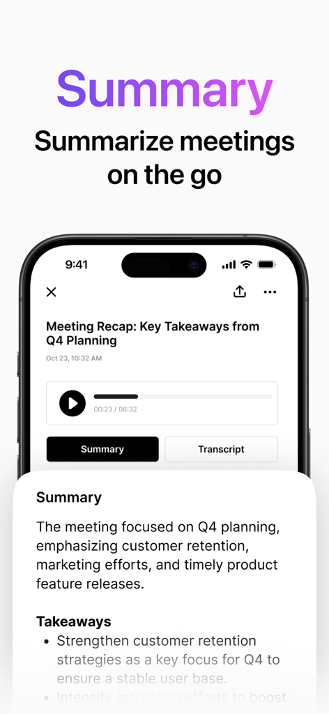 Recap: AI Meeting Note Taker - Recap app interface showing an AI generated meeting summary with key takeaways and action items on a smartphone screen