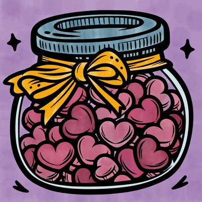 a jar filled with heart-shaped candies and a ribbon around the neck.