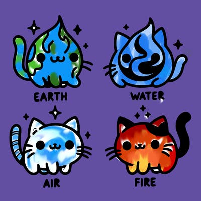 4 cats that represent the different elements, earth, water, air, and fire