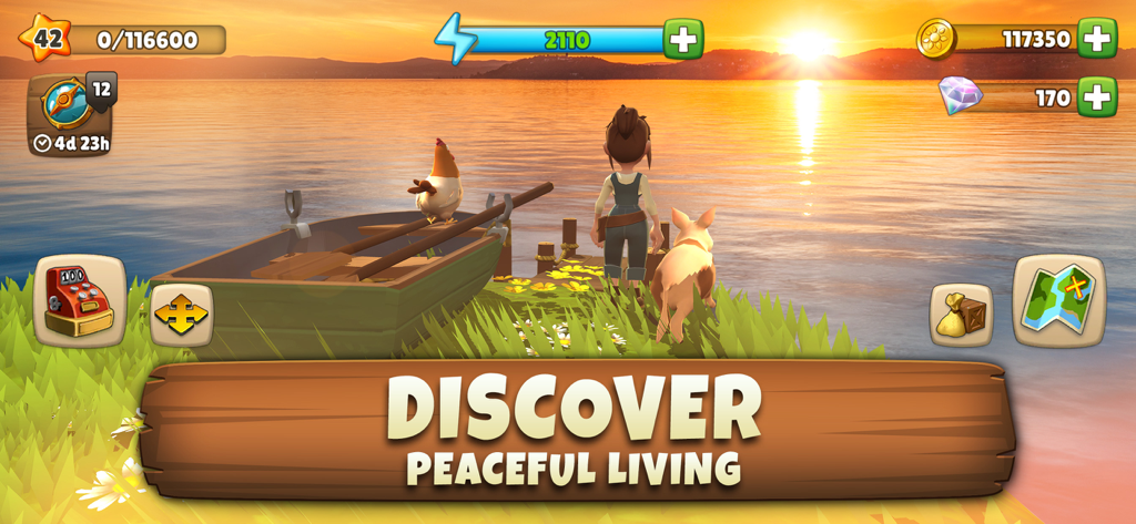 Sunrise Village Adventure Game - Ein Charakter mit einem Hund und einem Huhn blickt auf einen Sonnenuntergang über einem See in Sunrise Village.