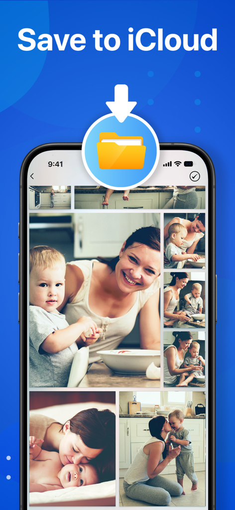 Una pantalla de smartphone que muestra la interfaz de la aplicación Photo Scanner con fotos familiares escaneadas y una función de Guardar en iCloud.