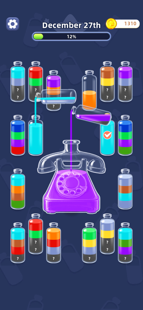 Water Jam Sort - Match Puzzle - Captura de pantalla de la jugabilidad de Water Jam Sort mostrando agua de colores vertiéndose en botellas de vidrio y un contenedor de teléfono