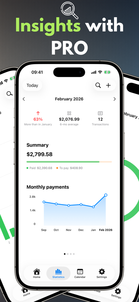 Payment Calendar: Bill Tracker - Statistics dashboard showing monthly payment insights and trends in Payment Calendar app