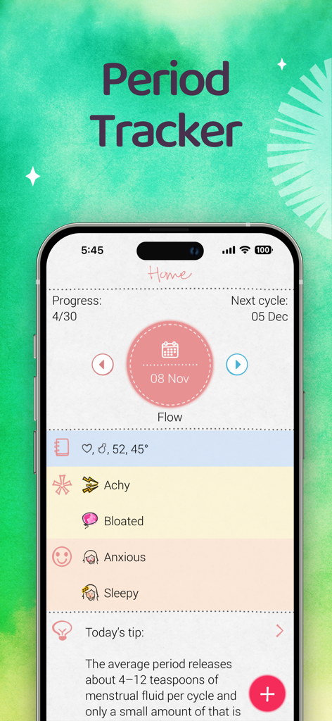 Smartphone screen displaying the Maya period tracker app home page with menstrual cycle progress and symptom logs