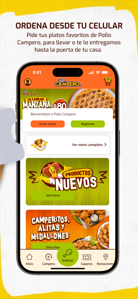 Pollo Campero Guatemala - Pollo Campero Guatemala mobile app home screen showing food categories and ordering options in Spanish.