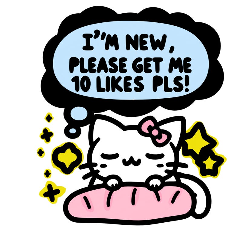 kitty taking a nap dream talking and saying "i'm new, please get me at least 10 likes pls!!"