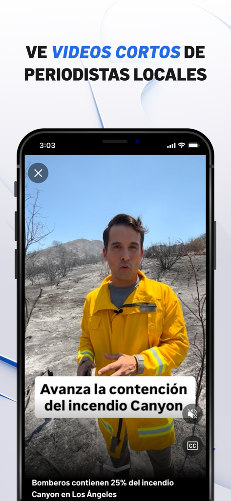 Interface of the Telemundo 52 app showing a short news video report about a fire in Los Angeles