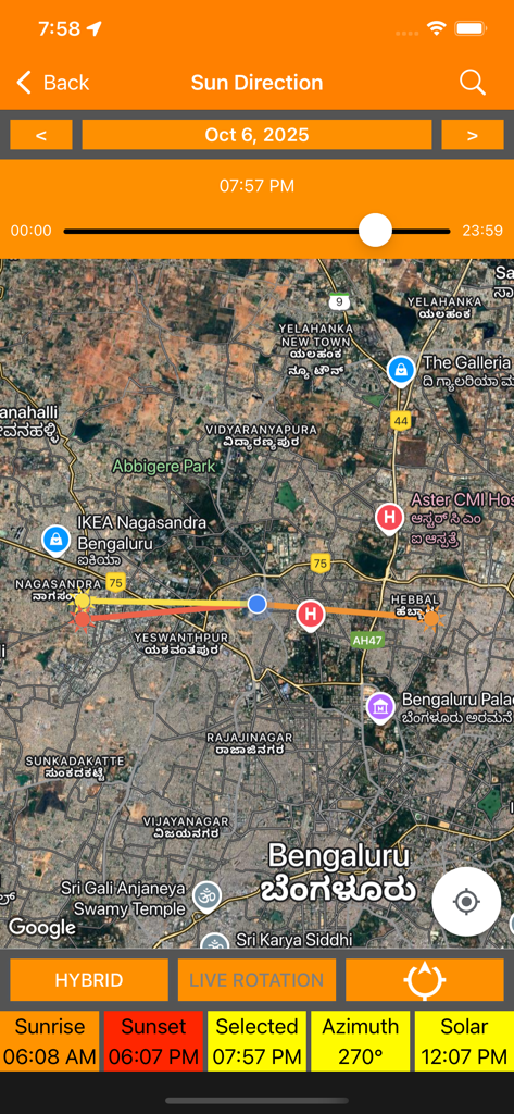 SkyCandy - Sunset Forecast App - SkyCandy app sun direction tool showing sun path and sunset location on a satellite map