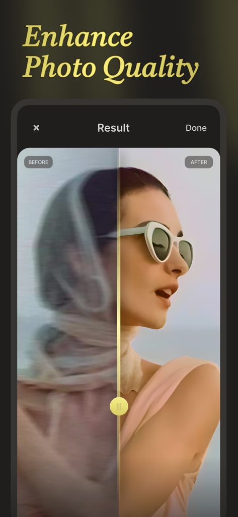 Unblur: Photo Quality Enhancer - Before and after comparison showing AI photo quality enhancement on a portrait.