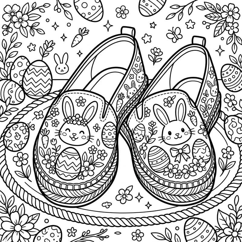 Celebrate Easter with this delightful coloring page featuring espadrille shoes beautifully decorated with festive springtime elements. Get ready to add vibrant colors to adorable bunnies, patterned eggs, and blooming flowers for a touch of seasonal joy.