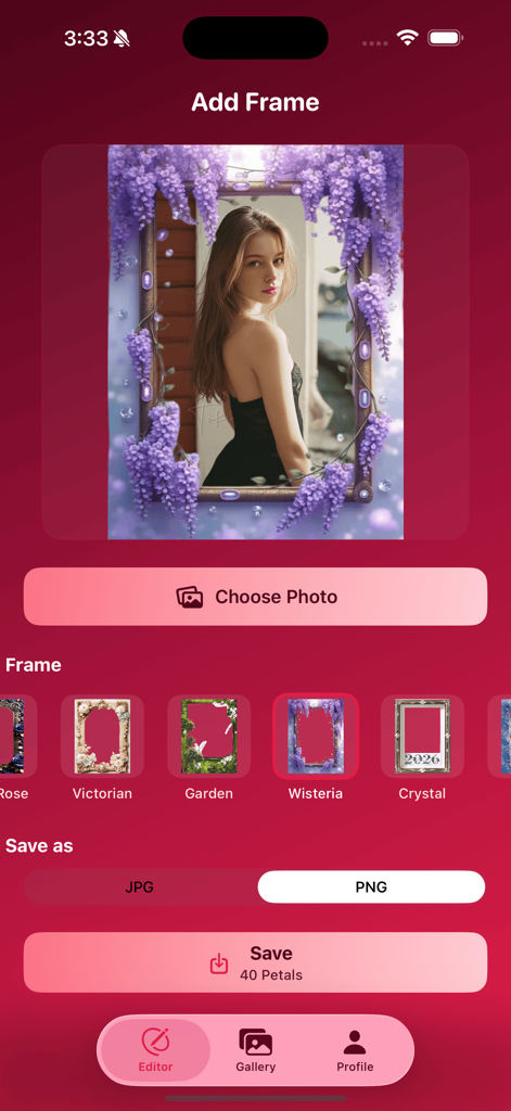 Qiui - Frame Your Moments - Interface do aplicativo Qiui mostrando uma foto de retrato com uma moldura floral de glicínia