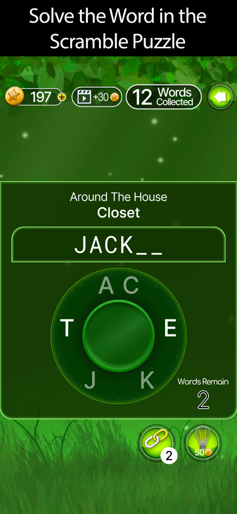 Hidden Word Find - Gameplay mobile de um quebra-cabeça de palavras embaralhadas no aplicativo Hidden Word Find, apresentando um mostrador de letras em um fundo verde.