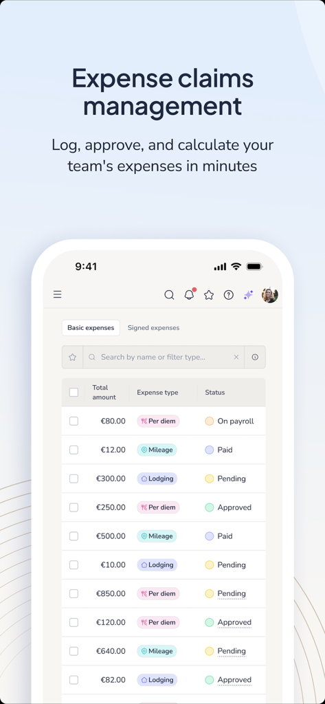 BizneoHR - 従業員の経費請求とステータスを追跡および管理するためのBizneoHRモバイルアプリのインターフェース