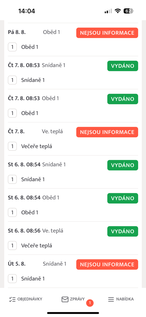 Strava.cz Meal Ordering - Meal order history screen in the Strava.cz app showing breakfast and lunch statuses