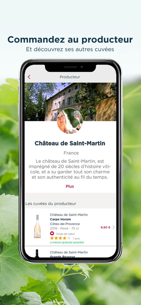 Aplicativo móvel TWIL exibindo o perfil de um produtor de vinho para o Chateau de Saint-Martin com safras disponíveis e preços