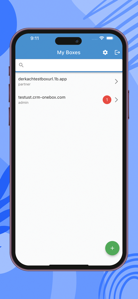 OneBox OS - OneBox OS mobile app interface showing a list of business CRM and ERP instances on an iPhone screen
