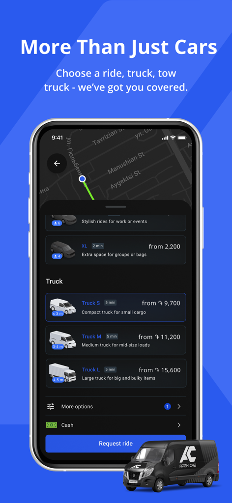 Apex Cab - Interface de l'application mobile Apex Cab montrant les options de véhicules, y compris les voitures et différentes tailles de camions