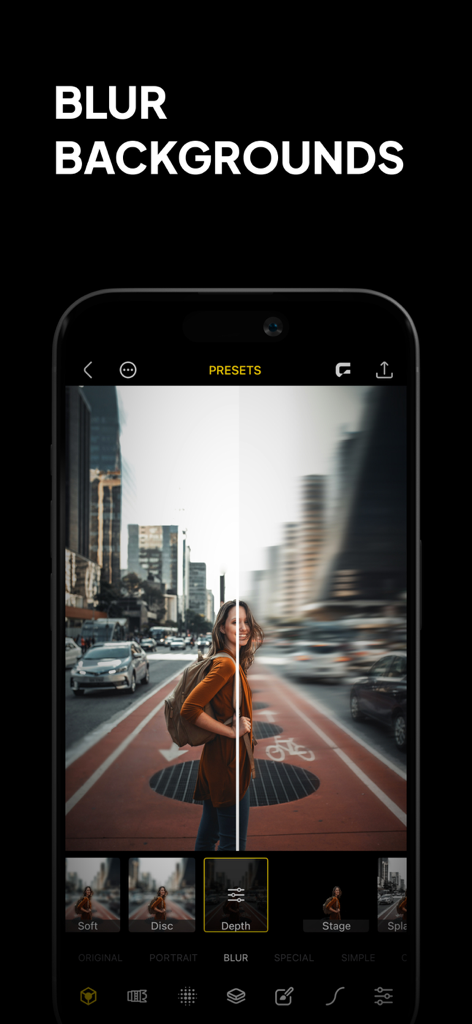 Phocus: Portrait Mode Editor - Smartphone screen showing the Phocus app's background blur feature with a before and after comparison of a city portrait.