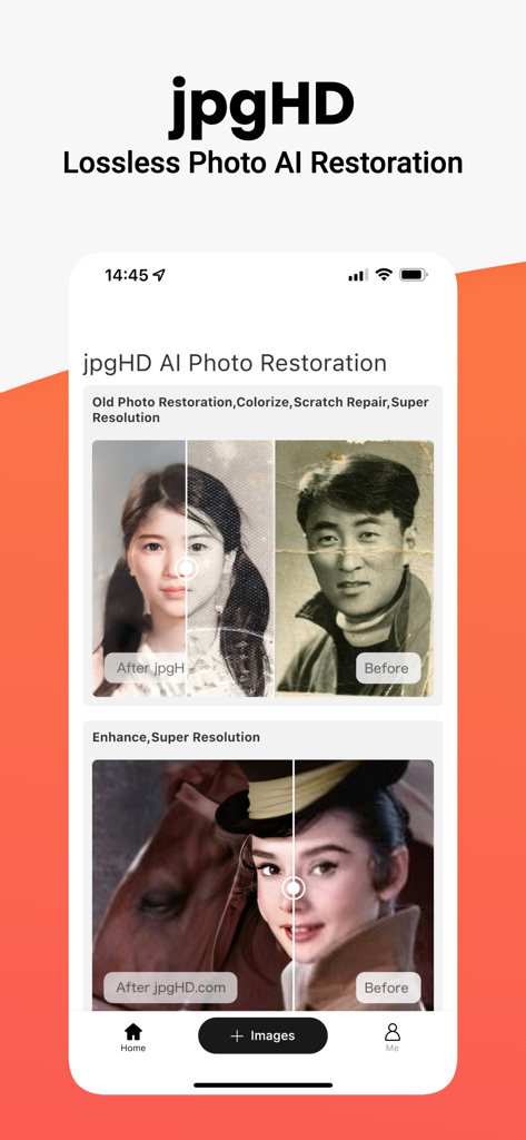 jpgHD AI Photo Restoration - Screenshot of jpgHD app displaying AI photo restoration features with before and after comparisons for colorization and scratch repair