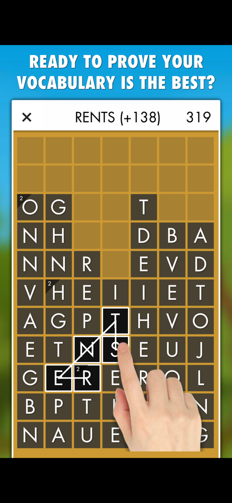 Word Search Champion PRO - Gameplay of Word Search Champion PRO showing a player finding the word rents on a letter grid.