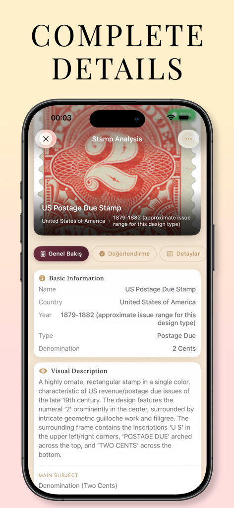 Stamp Identifier: Stampre - Un écran d'analyse détaillée de timbre de l'application Stamp Identifier Stampre montrant des informations historiques et de marché pour un timbre de port américain.