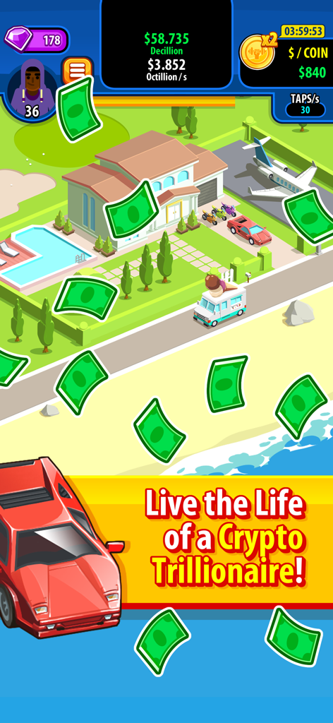 Crypto Trillionaire - A luxury mansion and private jet in the Crypto Trillionaire mobile game with falling cash