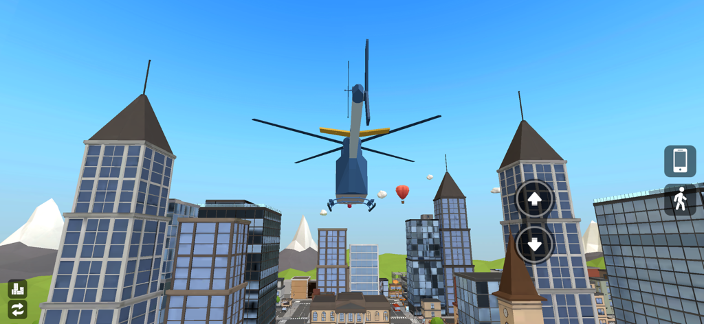 Un helicóptero azul volando sobre un paisaje urbano moderno en 3D en Blox World.
