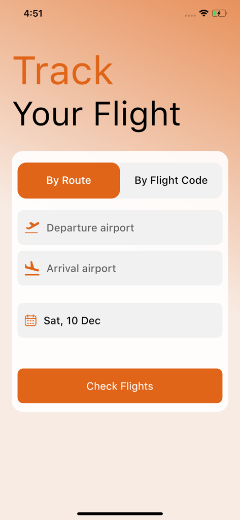 Pantalla de búsqueda de la aplicación Dónde está mi Avión-Tracker que muestra opciones de búsqueda de vuelos por ruta con campos de aeropuerto de salida y llegada.