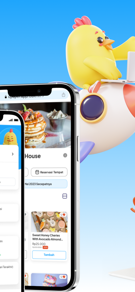 A mobile phone display of the Opaper app interface showing a digital food menu and ordering options