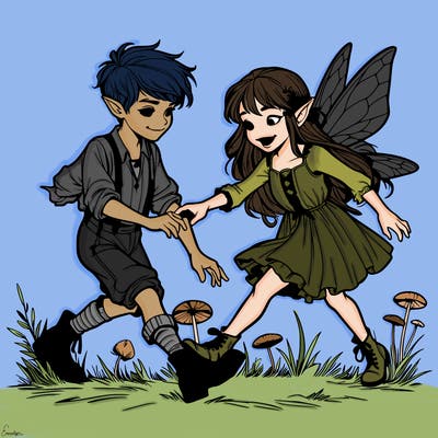 realistic young fae boy and girl playing