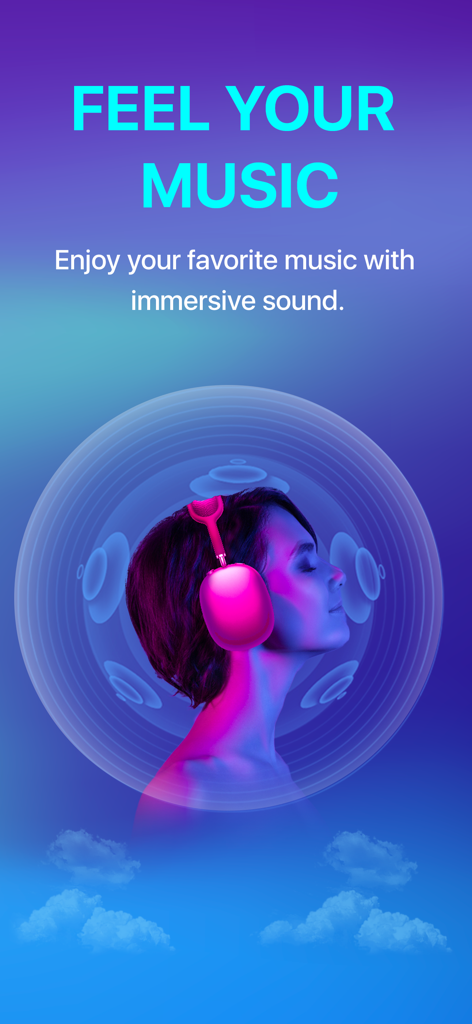 Woman wearing pink headphones with visual graphics representing an immersive 3D surround sound experience