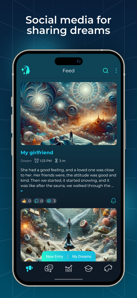 LucidMe app interface showing a social feed where users share their dreams with descriptive text and surreal imagery.