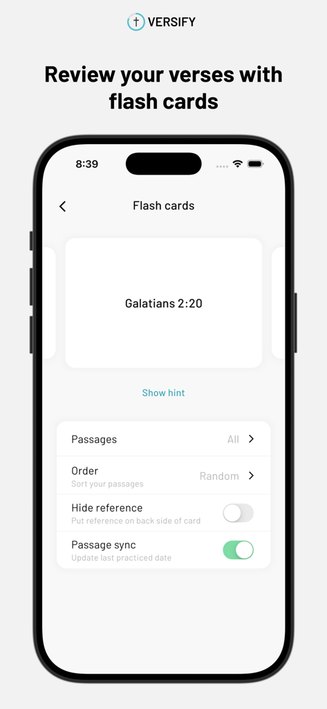 Versify App - Versify app flashcard screen for memorizing Bible verses